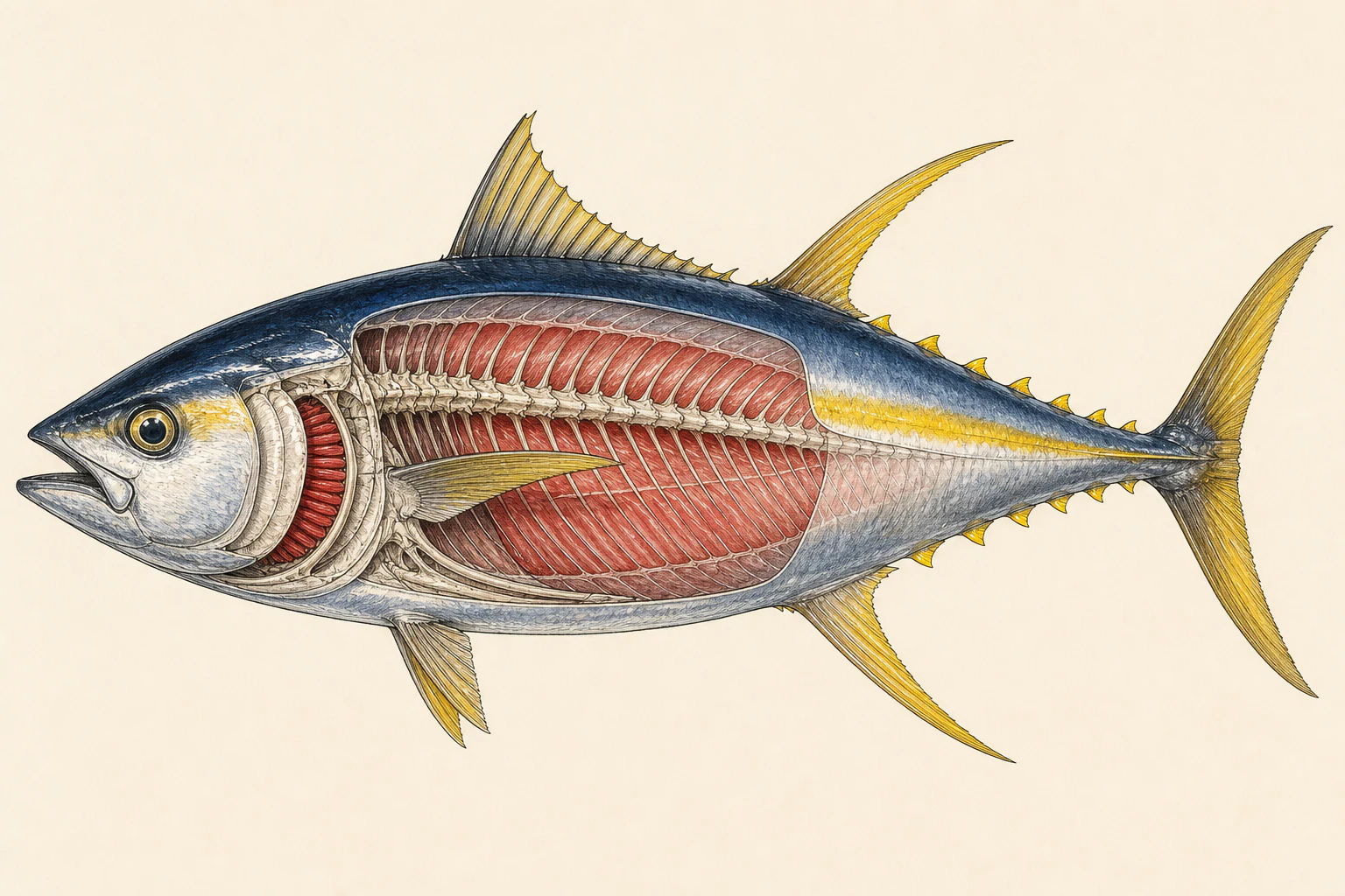 Scientific anatomy plate of Pacific Yellowfin Tuna